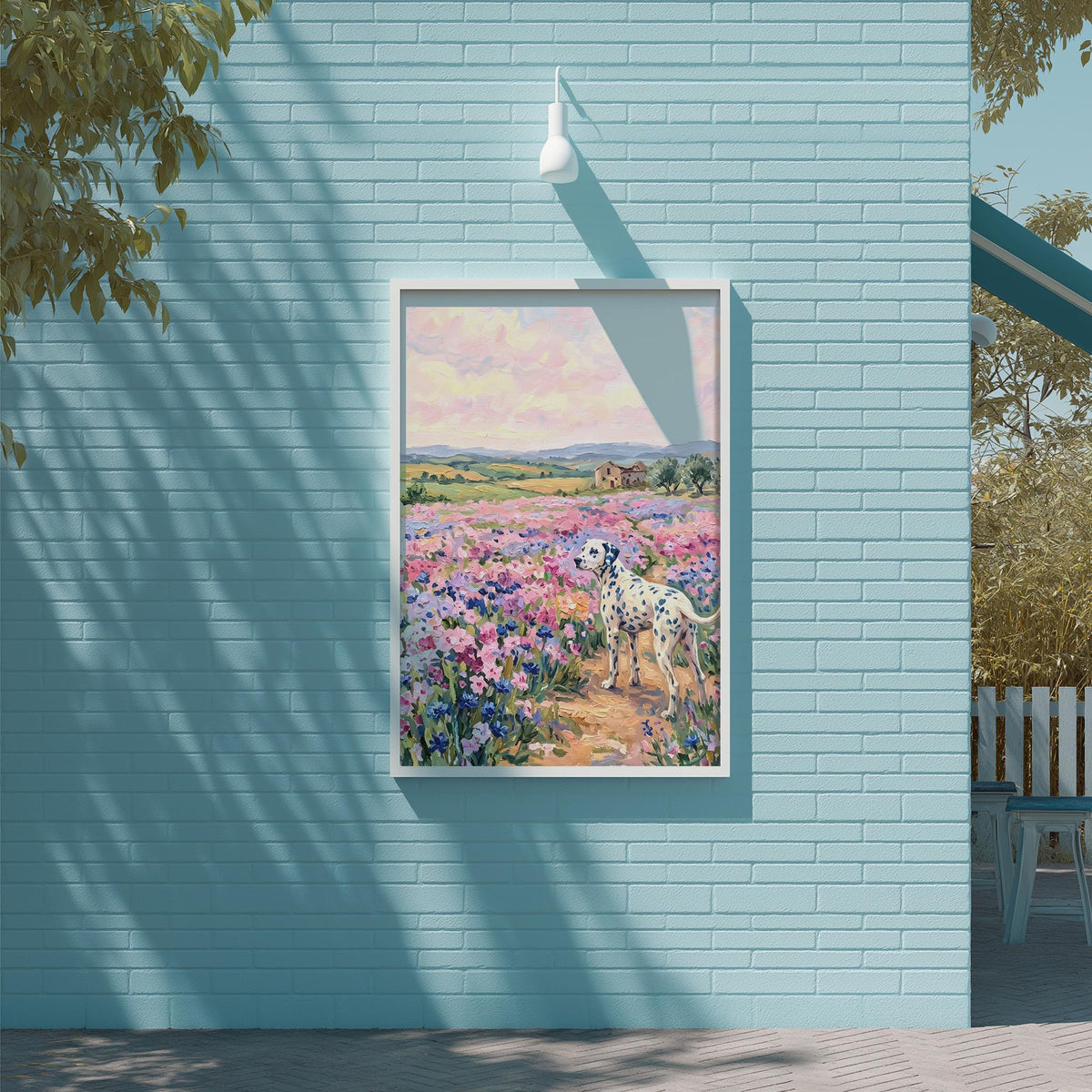 A framed painting of a Dalmatian dog standing in a field of colorful flowers is displayed on a blue brick wall.