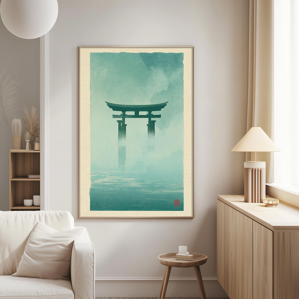 a living room with a white sofa, a wooden side table, and a framed poster of a torii gate hanging on the wall.