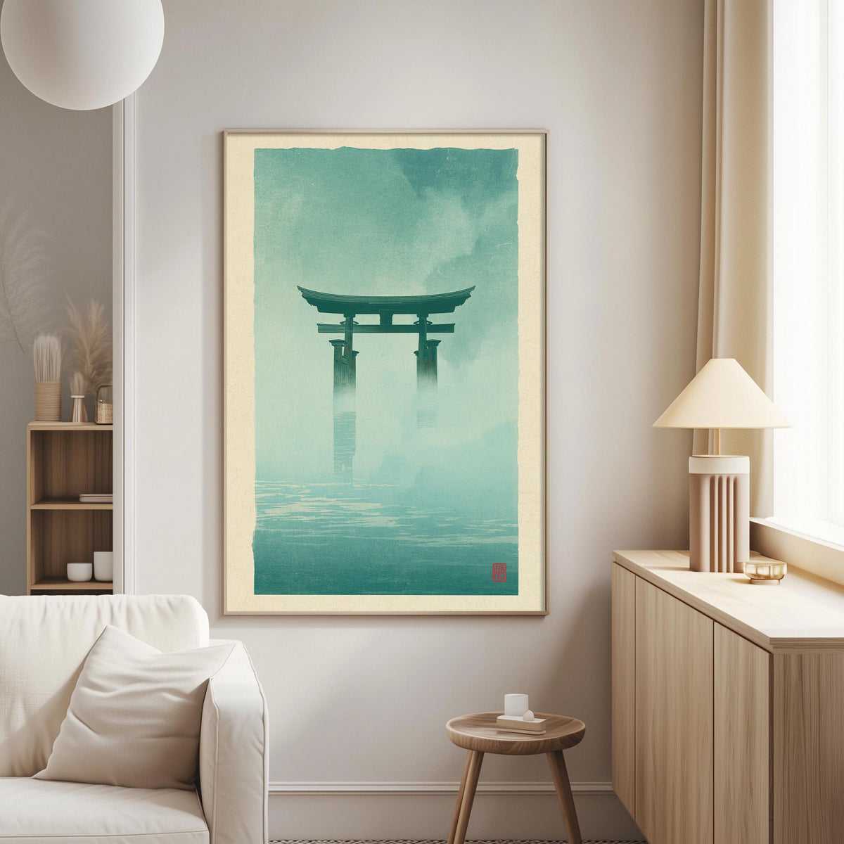 a living room with a white sofa, a wooden side table, and a framed poster of a torii gate hanging on the wall.