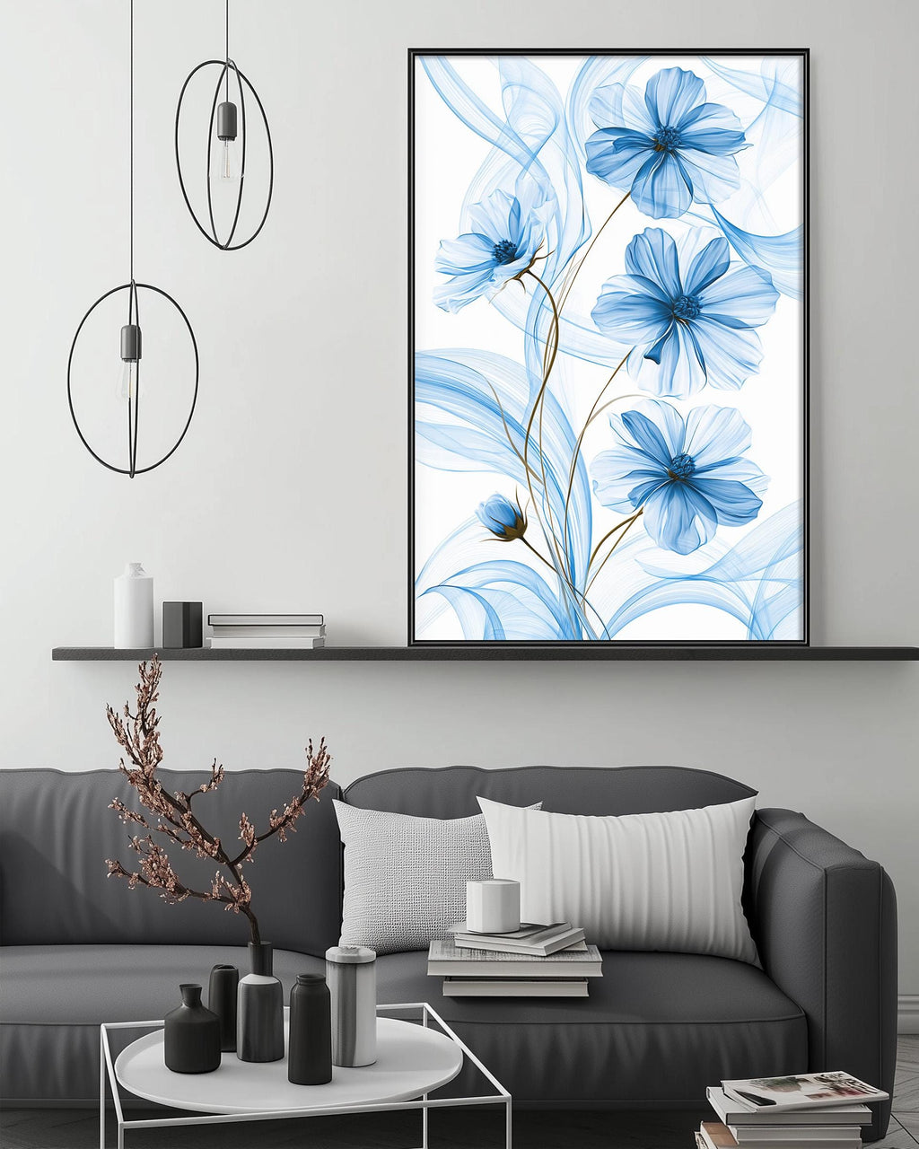 a modern living room with a gray sofa, a coffee table, and a large framed artwork of blue flowers hanging on the wall above the sofa.