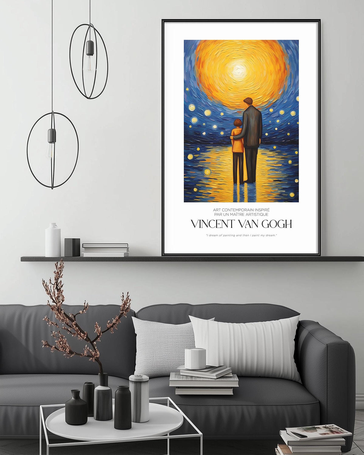a modern living room with a gray sofa, a coffee table, and a framed poster of Vincent Van Gogh's painting of a man and a child standing together under a starry sky.