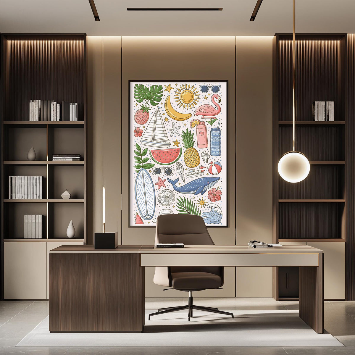a modern office space with a large, colorful poster of tropical fruits and other decorative elements on the wall behind a desk with a chair.