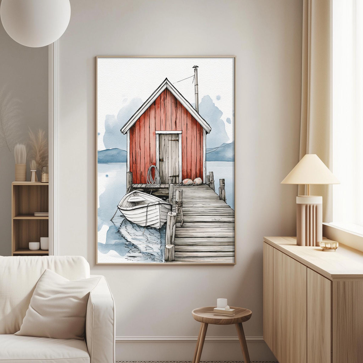a cozy living room with a large painting of a red wooden cabin with a dock and a boat on the water hanging on the wall.