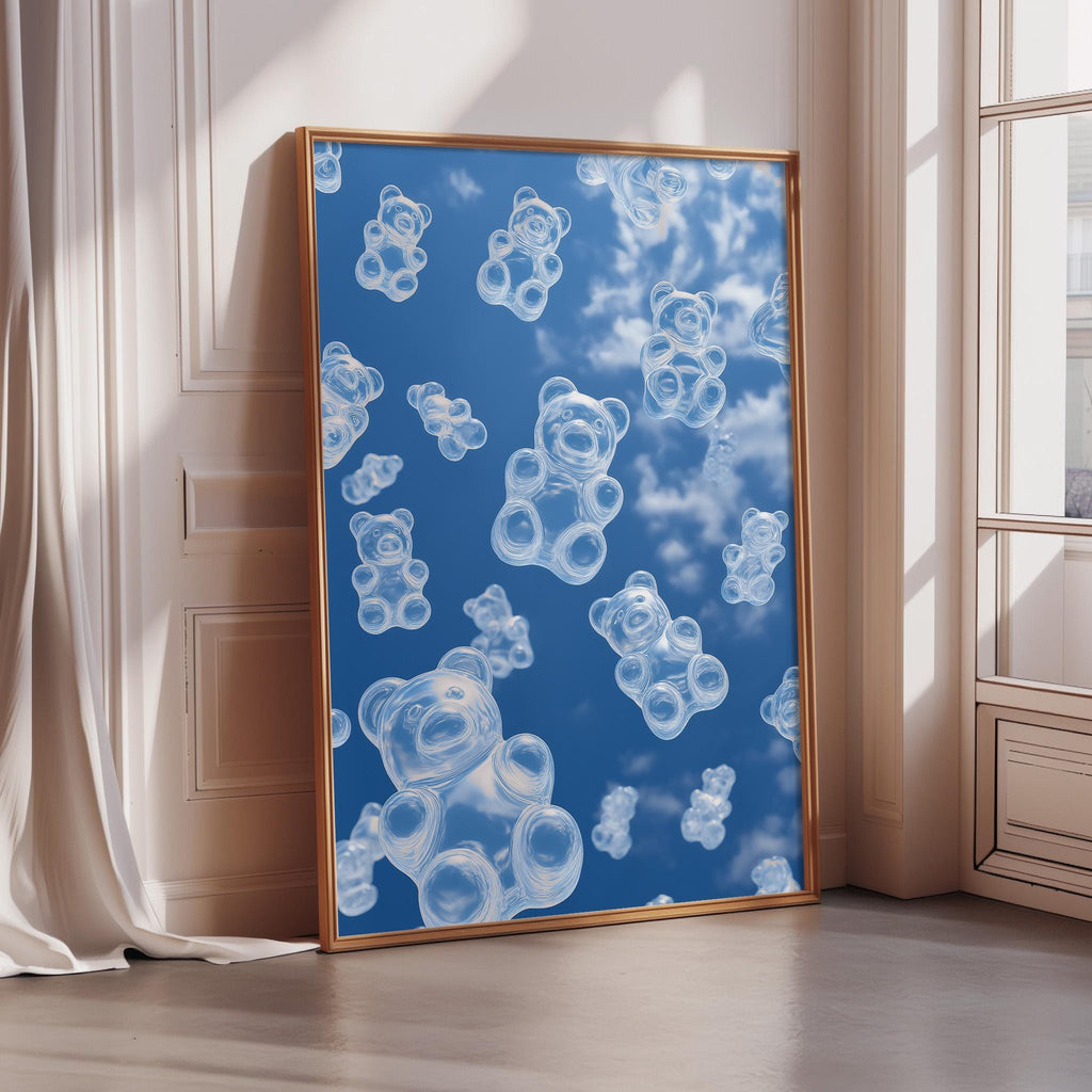 a large framed poster with a blue background and white teddy bear images scattered across it, creating a whimsical and playful atmosphere.