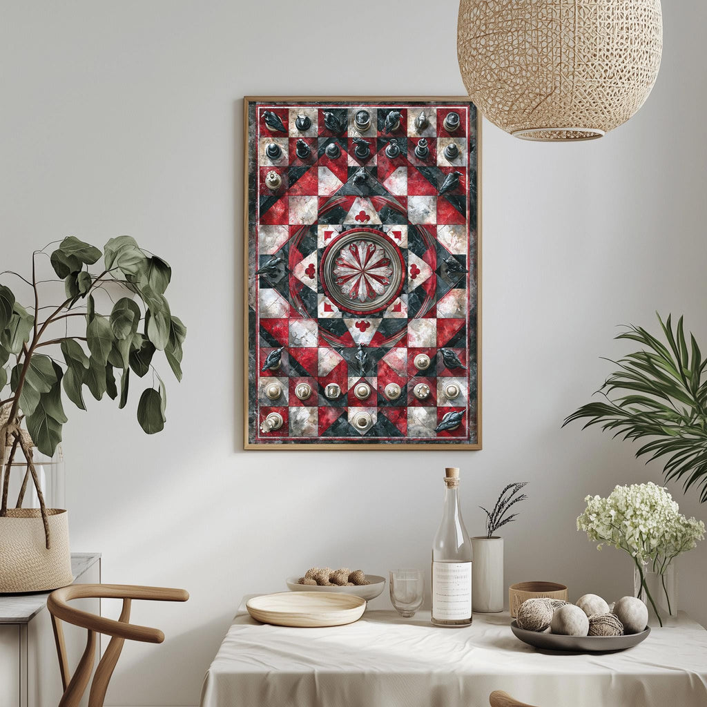 a dining table with a white tablecloth, a bowl of fruit, a bottle, and a vase with flowers. Above the table, there is a framed picture hanging on the wall.