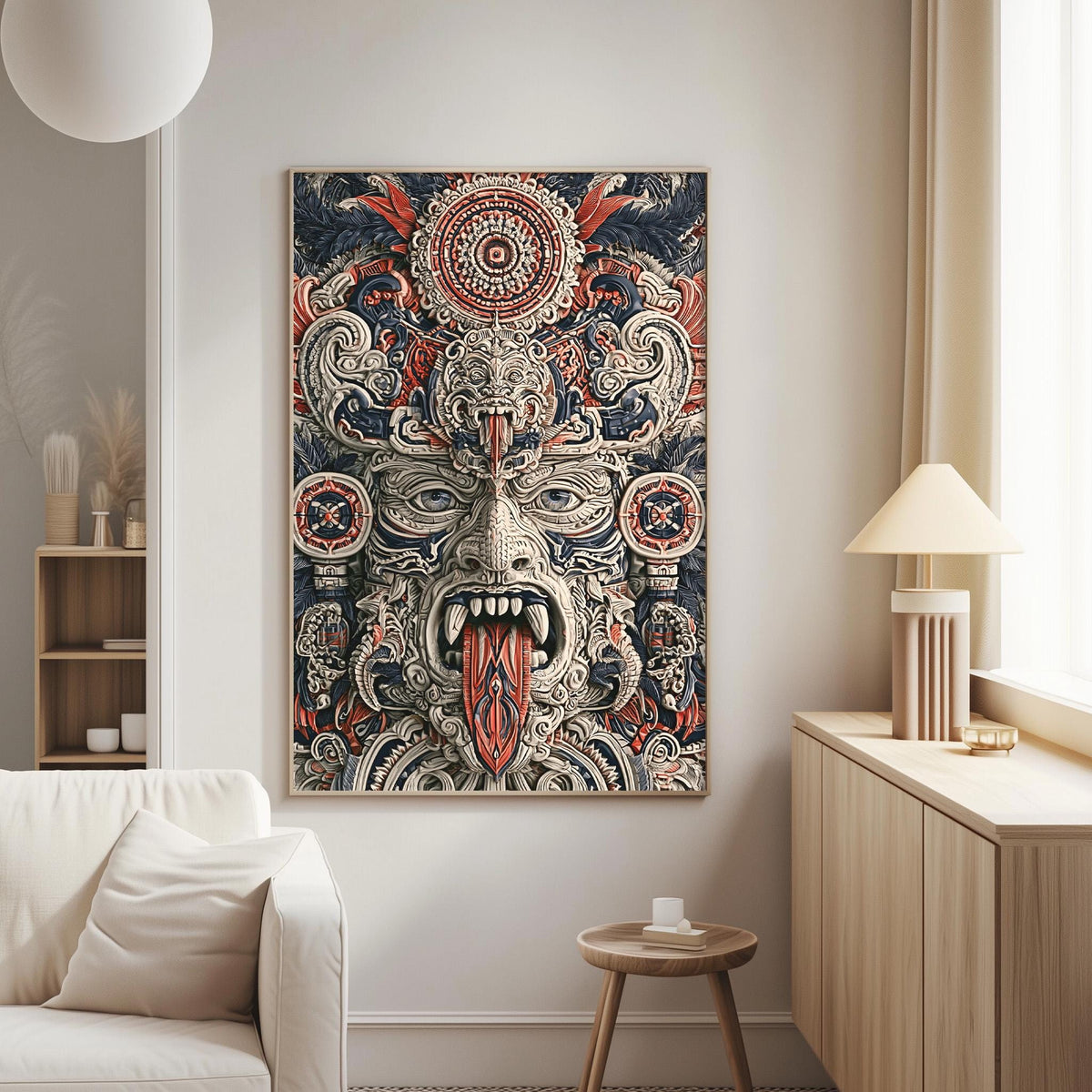 a large, colorful, and intricate artwork of a face with an open mouth and a tongue sticking out, hanging on a wall in a living room.