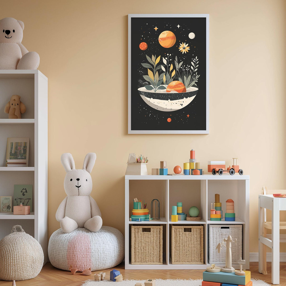 A cozy and colorful children's bedroom with a large stuffed rabbit, a bookshelf filled with toys, and a framed artwork depicting a whimsical space scene.