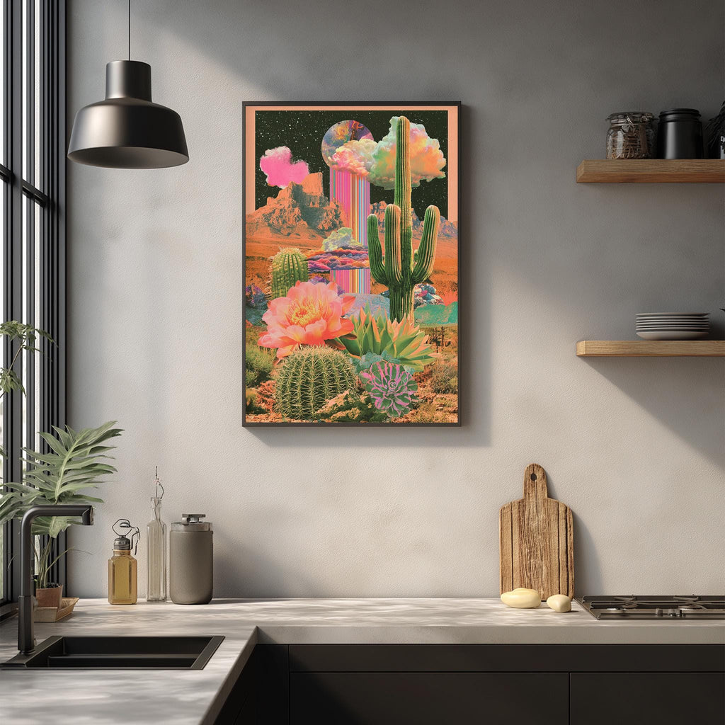 a vibrant and colorful collage of desert-themed elements, including cacti, flowers, and a crescent moon, hanging on a wall above a kitchen counter.