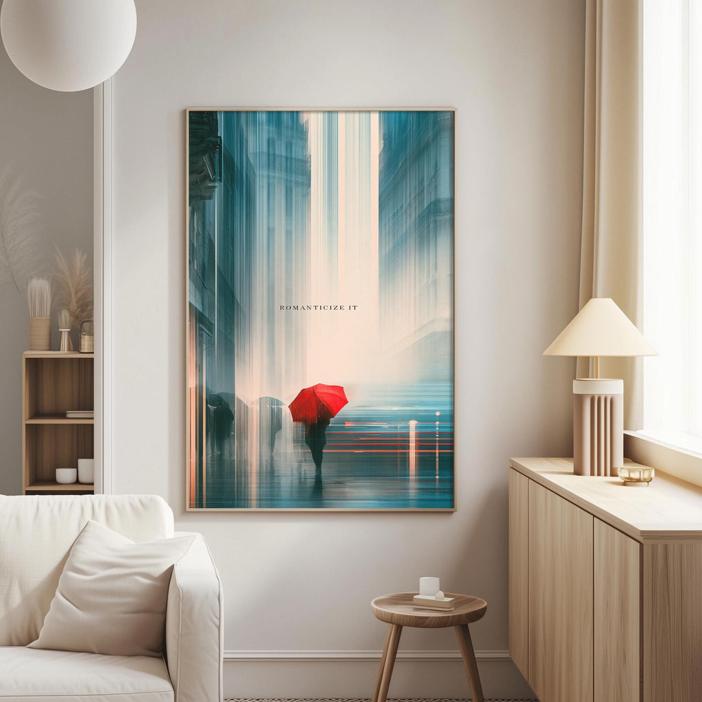 a large framed artwork depicting a person holding a red umbrella in front of a cityscape with tall buildings.