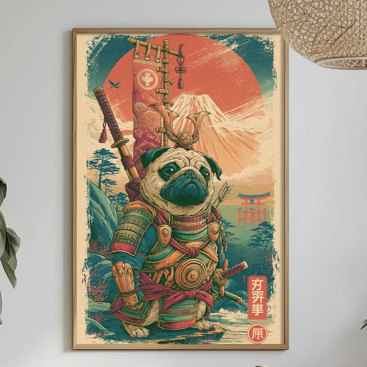 a framed illustration of a pug character with a sword and a shield, surrounded by a colorful and whimsical scene. The pug is depicted in a traditional Japanese style, with a red and green background and a temple in the background. The pug is also wearing a hat and holding a sword. The pug is seated on a chair, and there are some plants and decorative items in the background.