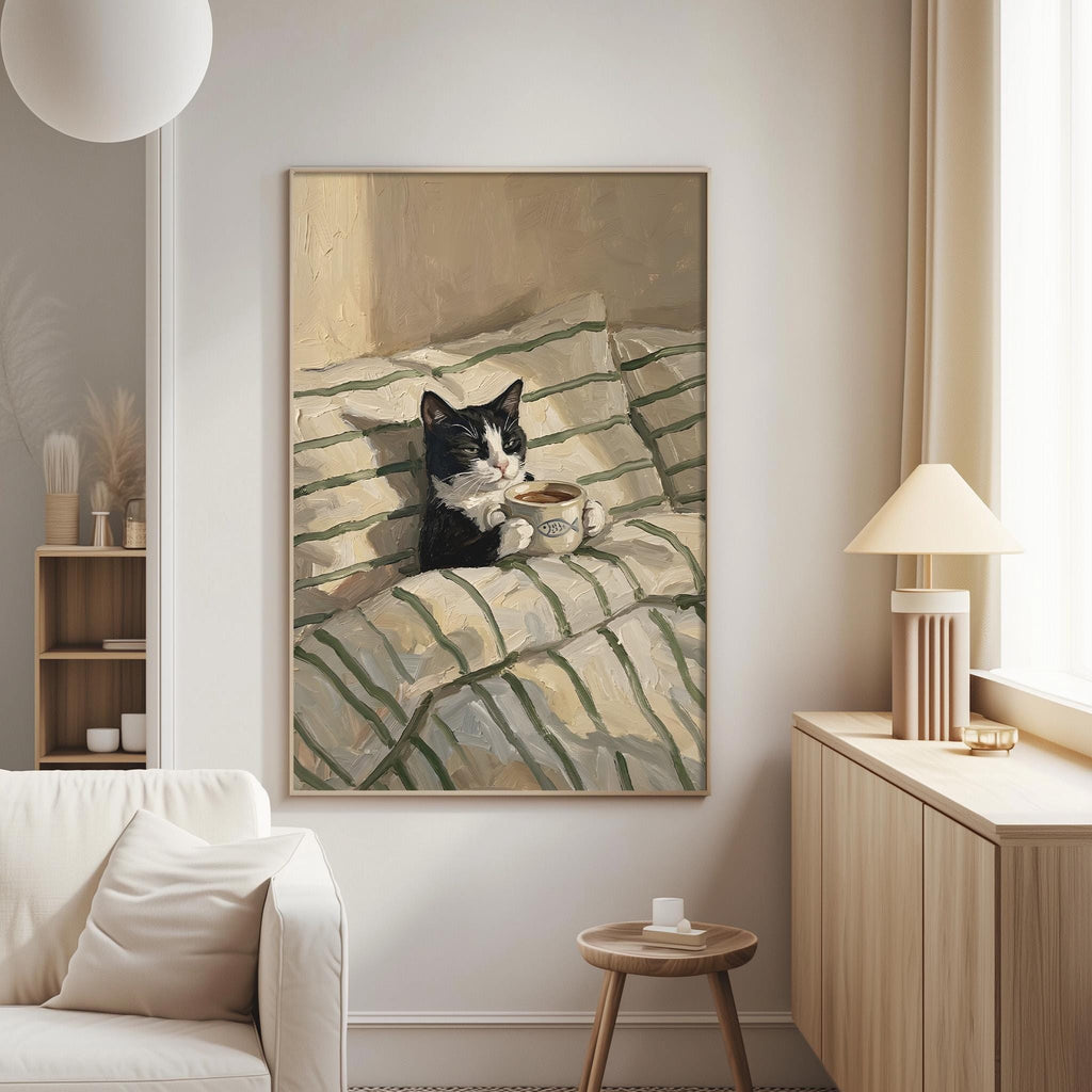 A framed painting of a black and white cat sitting on a striped blanket, holding a cup of tea, is displayed on the wall in a cozy living room setting.