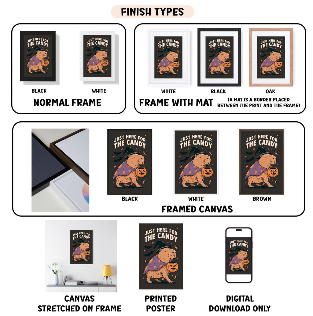 various finish types for a Halloween-themed poster, including a black and white normal frame, a white frame with a mat, a black frame, a white framed canvas, a black framed canvas, a white stretched canvas, a printed poster, and a digital download only. The poster features a cartoon image of a dog dressed in a Halloween costume holding a pumpkin.
