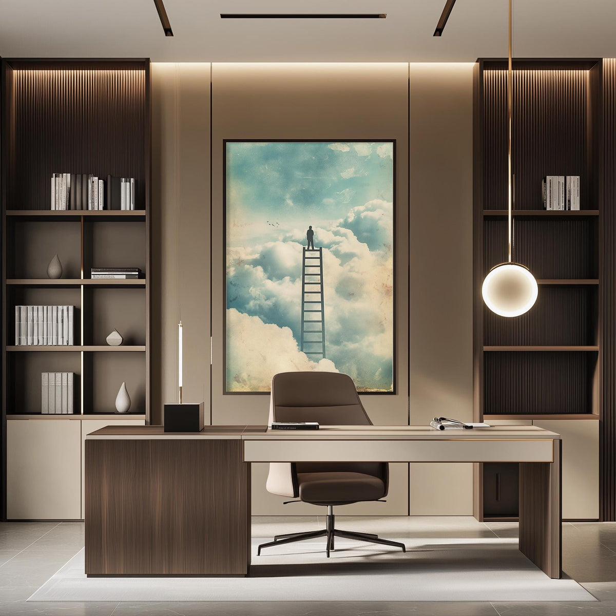 a modern office space with a large framed picture of a person standing on a ladder, looking up at the sky, with clouds below. The office features a desk, chair, and bookshelves, creating a professional and organized atmosphere.