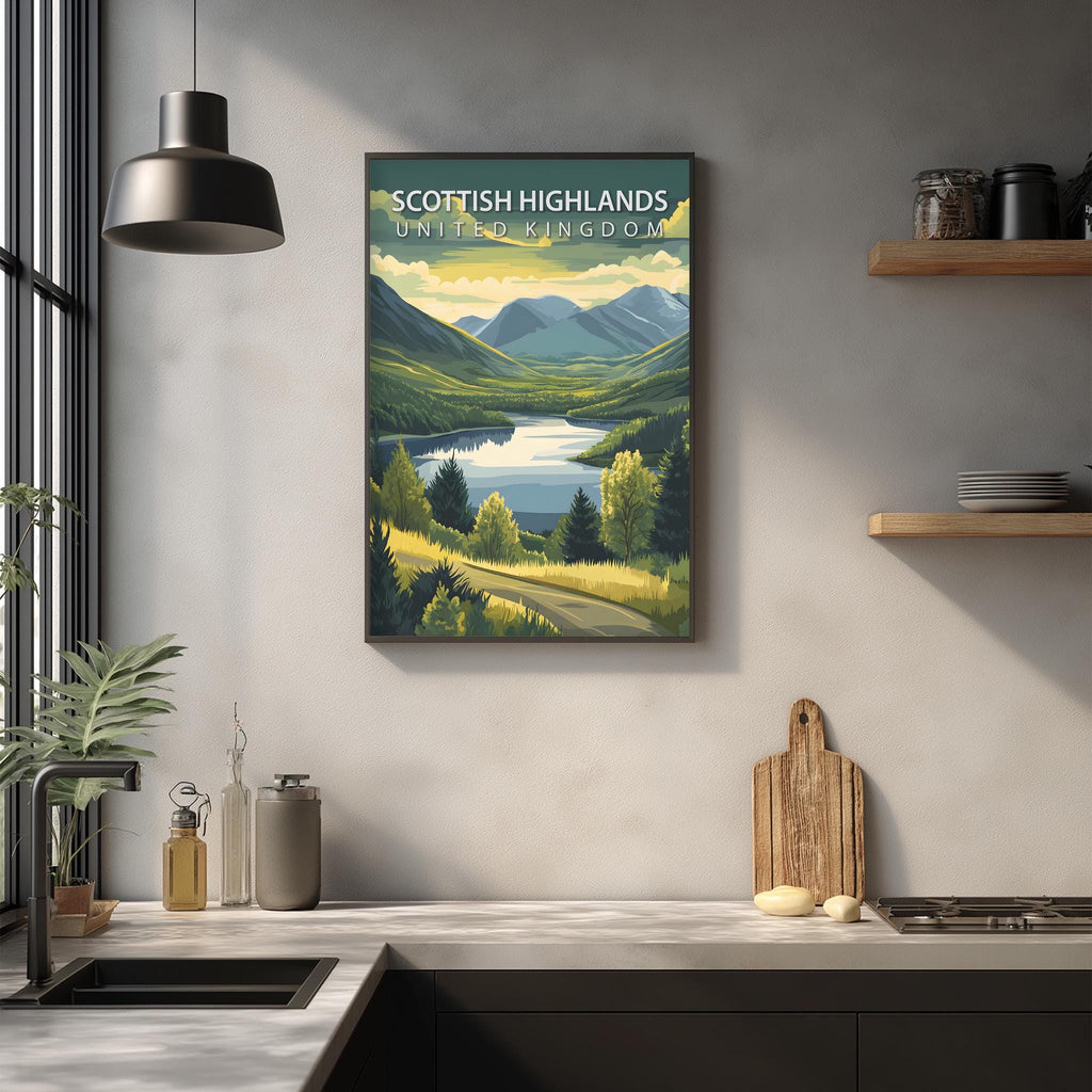 a kitchen counter with various kitchen items, such as a cutting board, a bottle, and a jar, as well as a framed poster of a scenic landscape hanging on the wall.