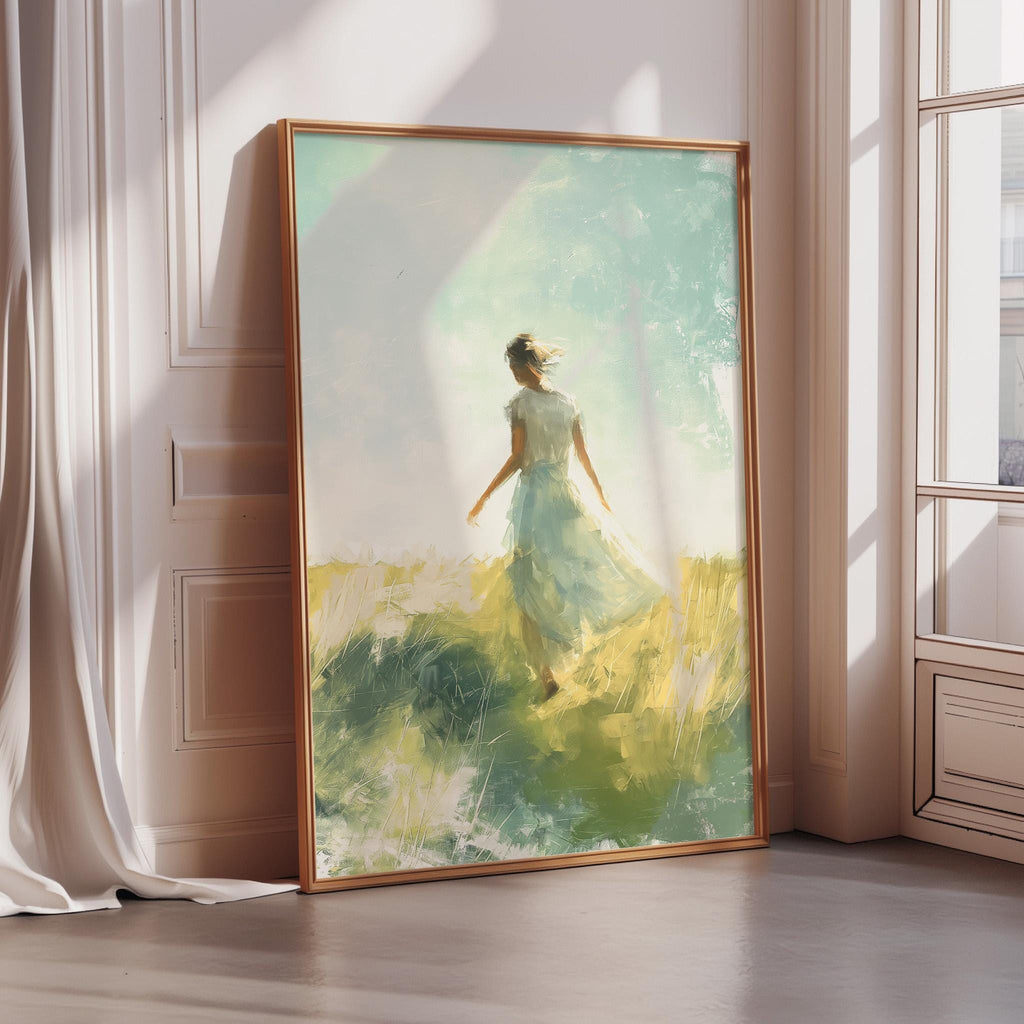a large painting of a woman in a green dress standing in a field of flowers, with a bright and sunny atmosphere.