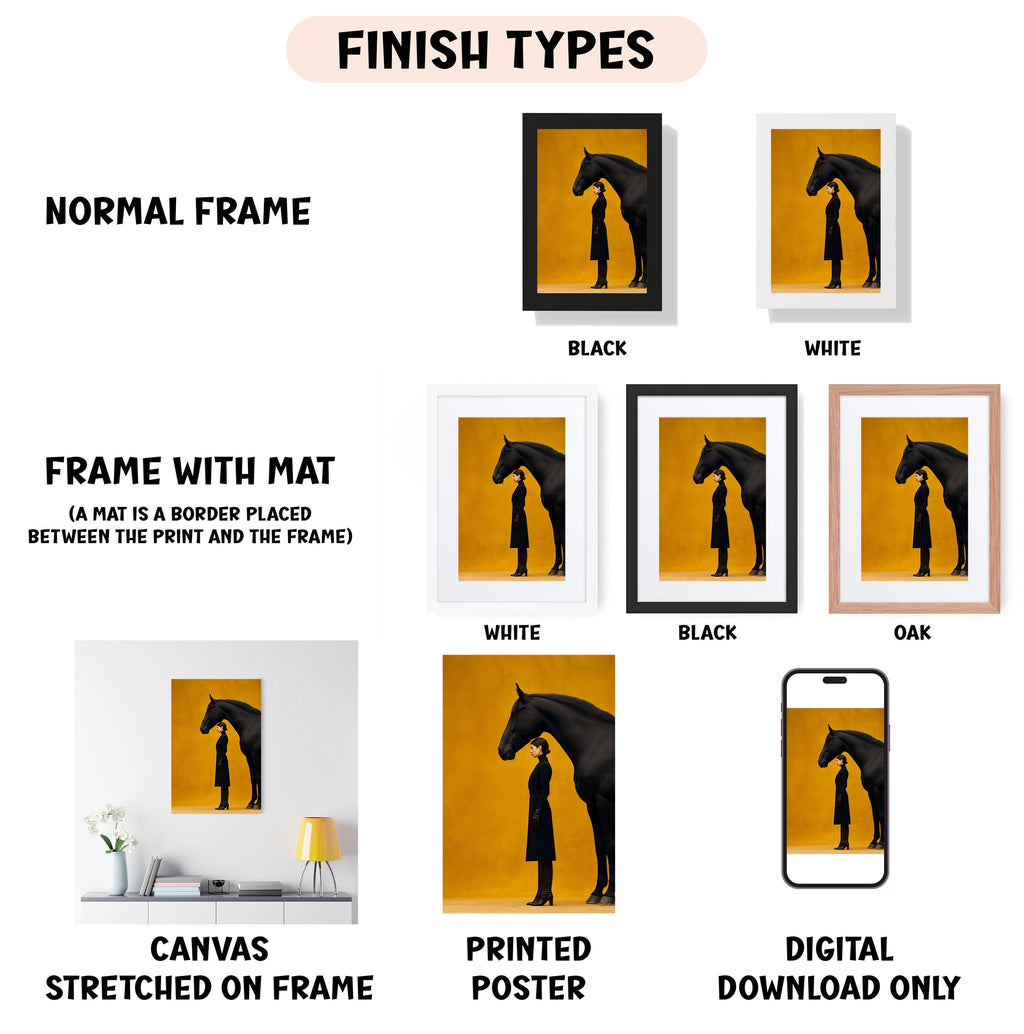 various types of artwork, including a canvas stretched on a frame, a framed poster, and a digital poster. The artwork features a horse and a woman, with different frame colors and styles.