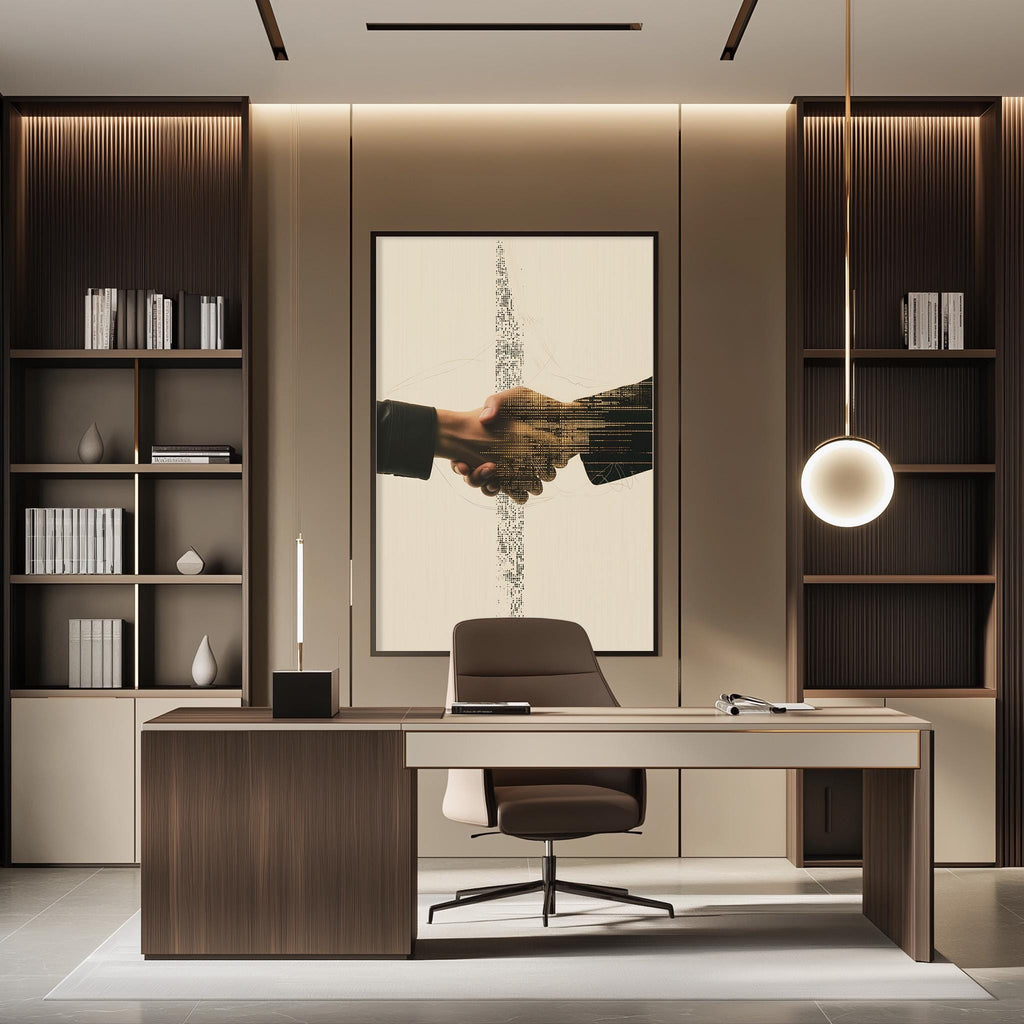 a modern and well-designed office space with a large framed image of two hands clasping in the background. The office features a wooden desk, a comfortable-looking chair, and a bookshelf filled with books. The overall design and layout of the space create a professional and inviting atmosphere.