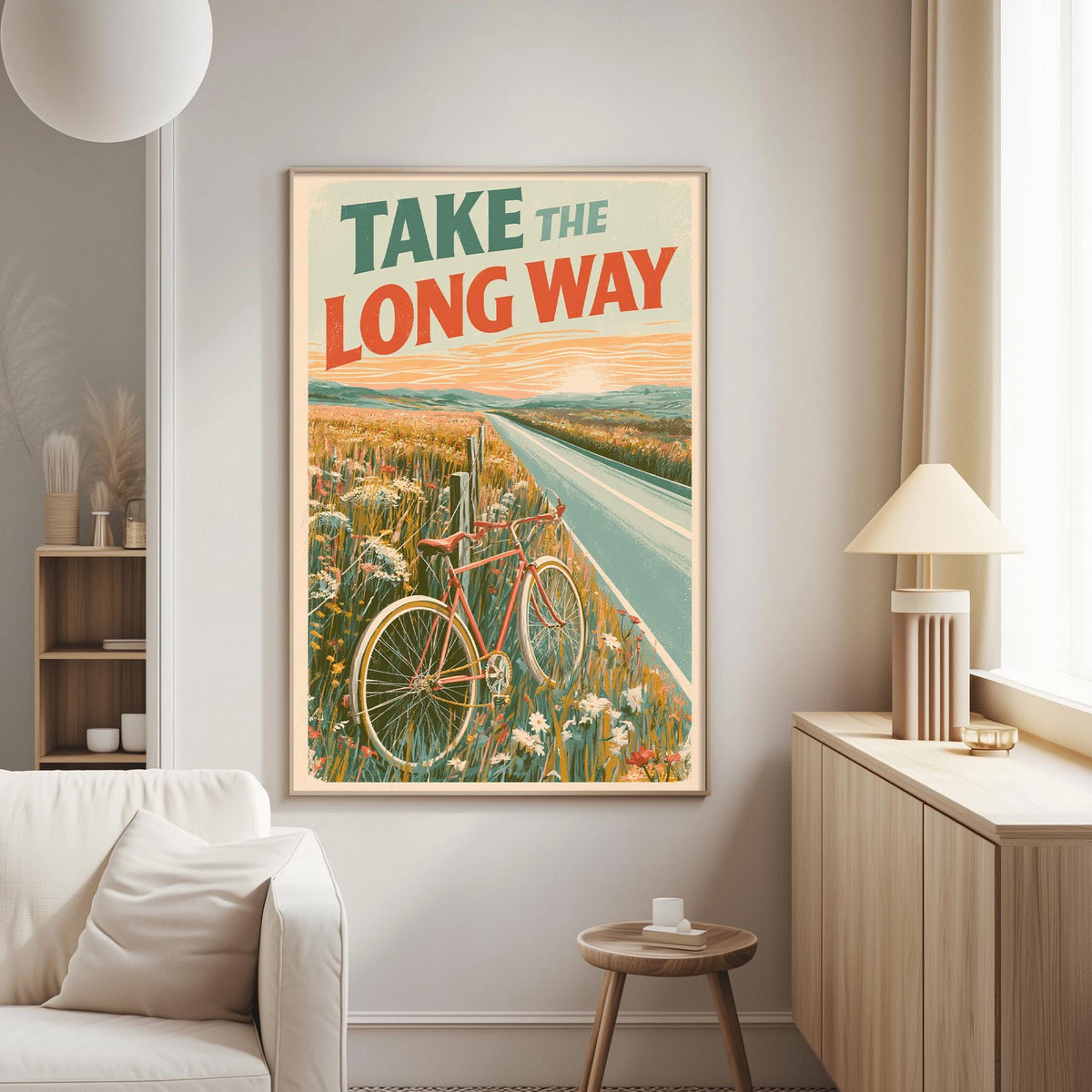a poster with a bicycle and a road, hanging on a wall in a living room.