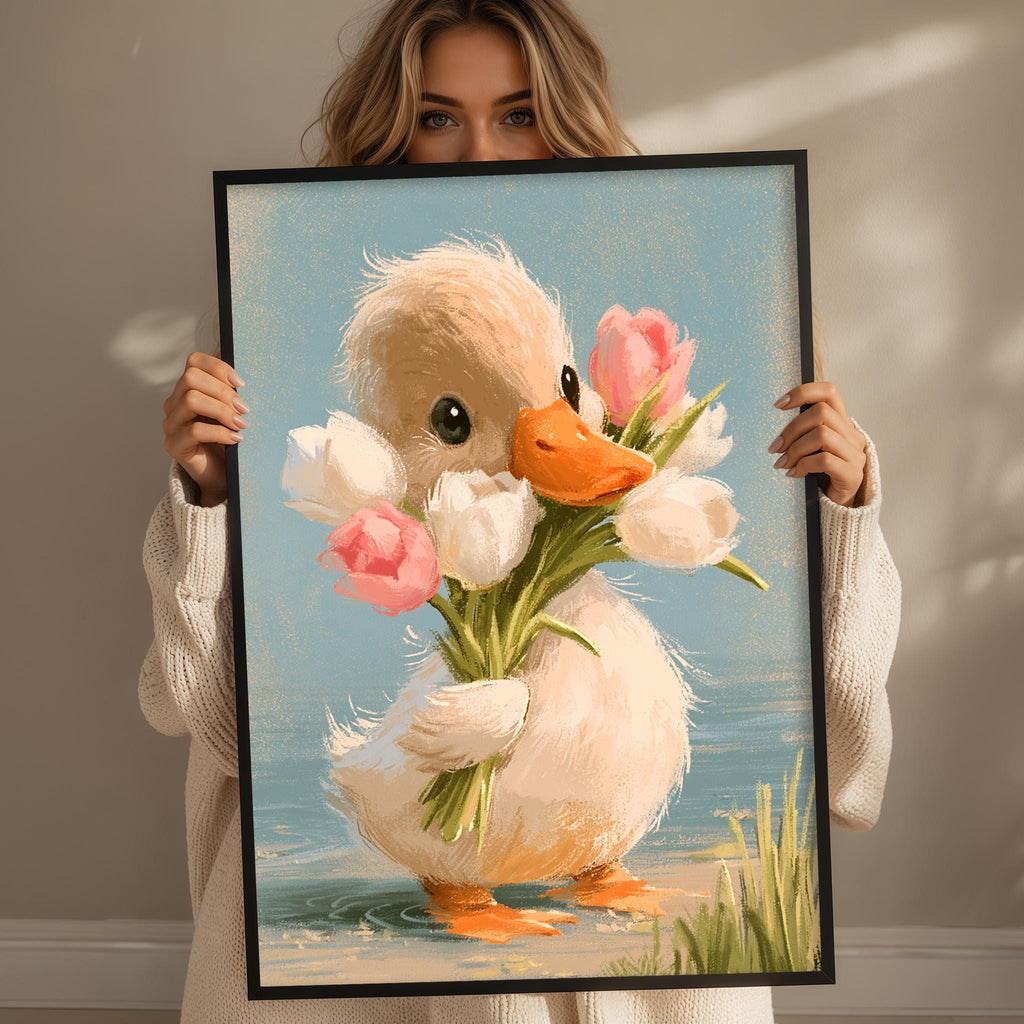 A woman holds a framed painting of a duck holding a bouquet of flowers.