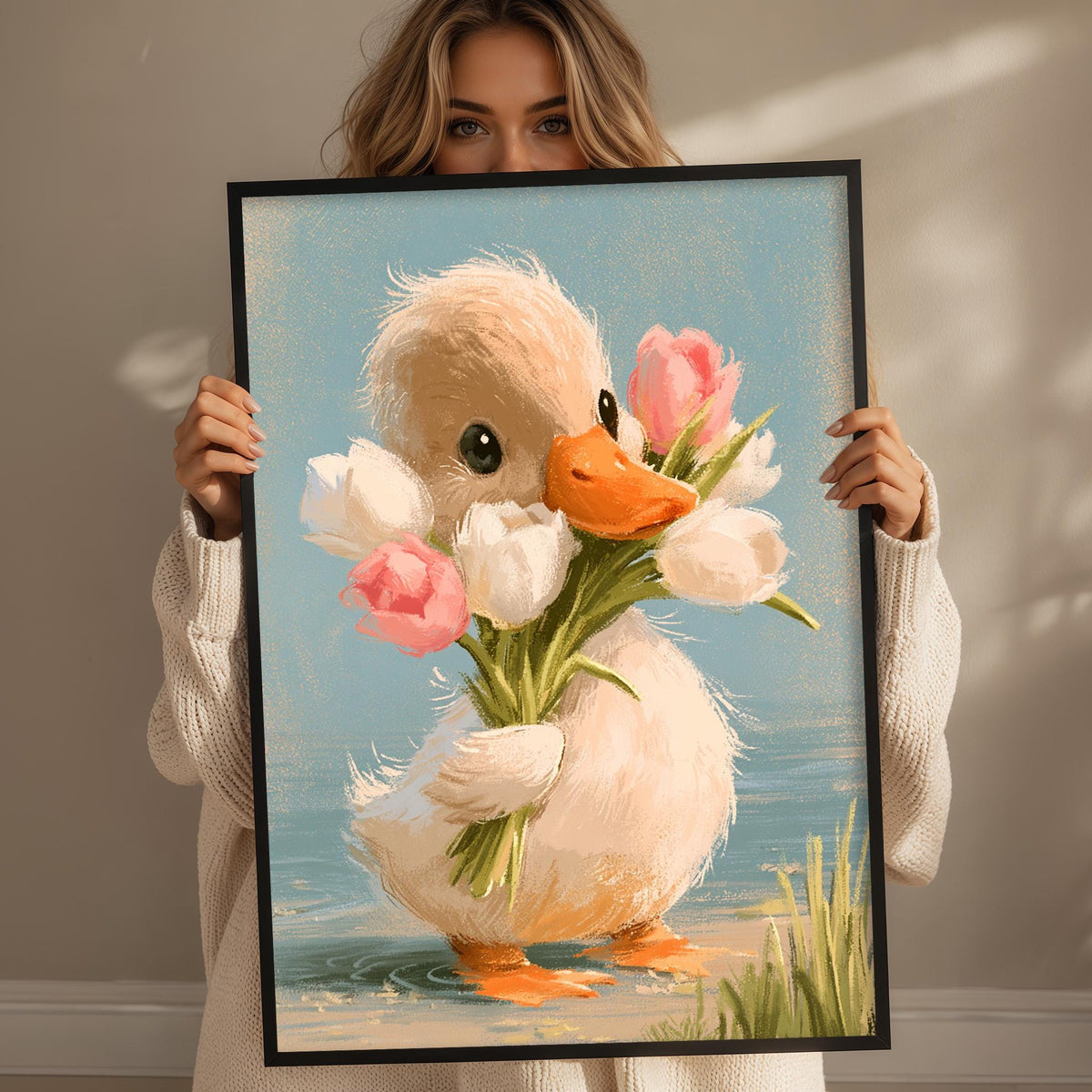 A woman holds a framed painting of a duck holding a bouquet of flowers.