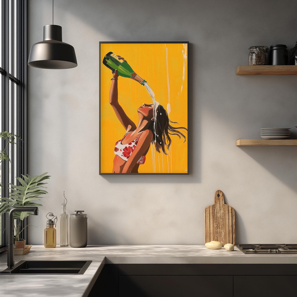 a framed painting of a woman in a red and white swimsuit pouring champagne from a bottle, with a yellow background and a white splash effect.