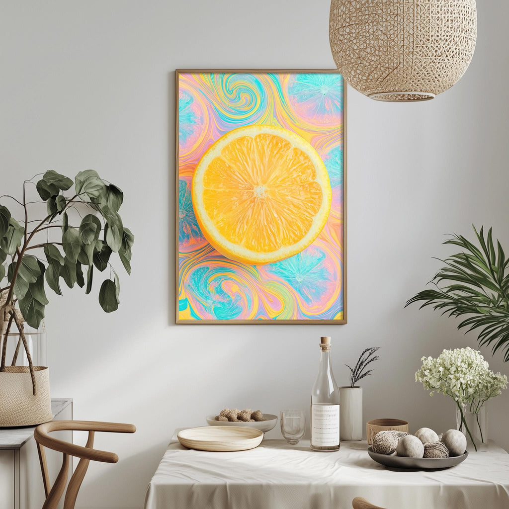a dining table with a bowl of fruit, a bottle, and a vase, set against a white wall with a framed picture of an orange slice hanging above it.