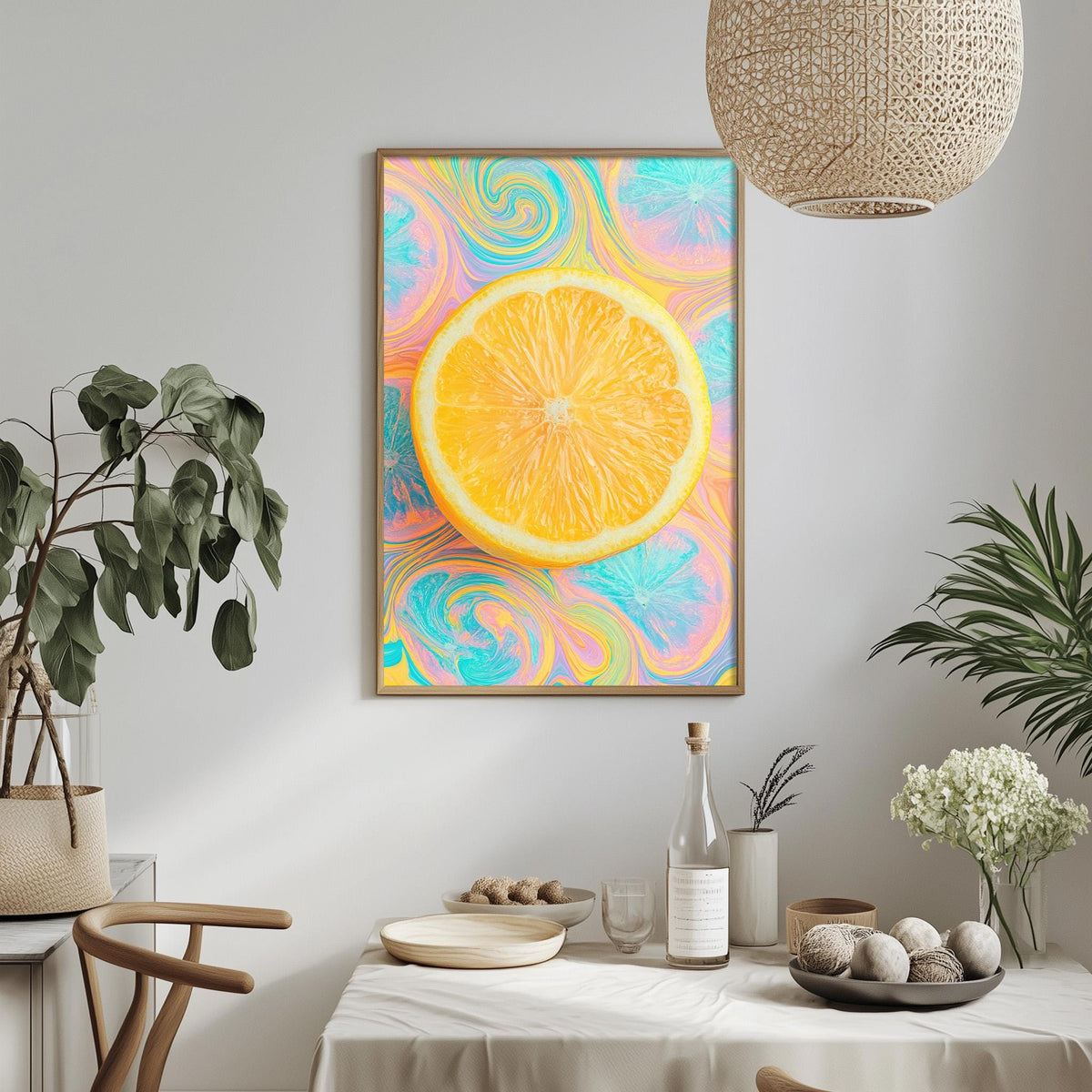 a dining table with a bowl of fruit, a bottle, and a vase, set against a white wall with a framed picture of an orange slice hanging above it.