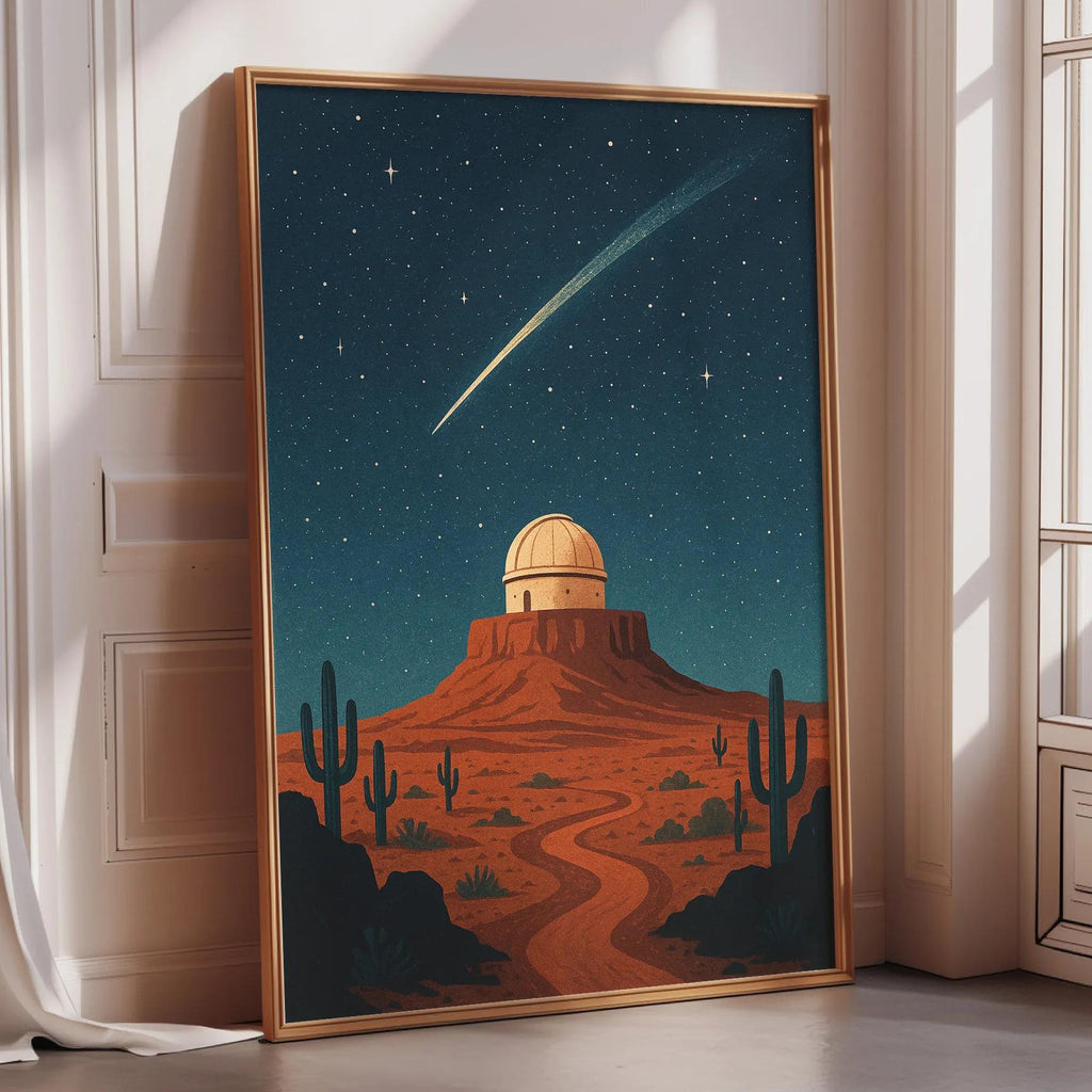 a desert landscape with a large dome-shaped structure in the center, surrounded by cacti and a starry night sky.