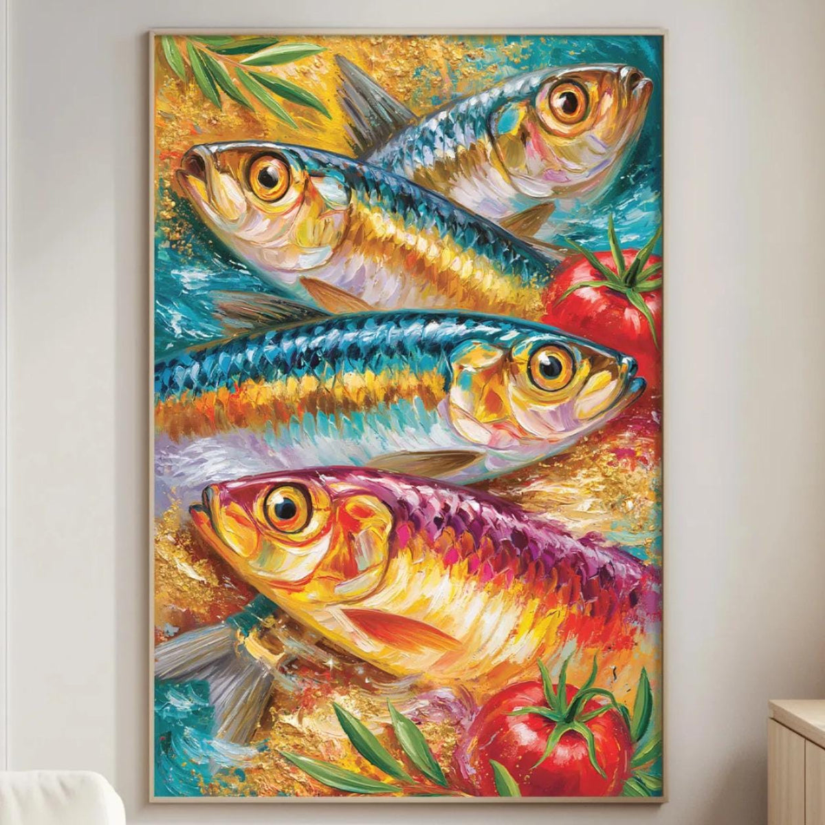a vibrant painting of colorful fish swimming in a lively underwater scene, with a red tomato and green leaves adding to the lively atmosphere.