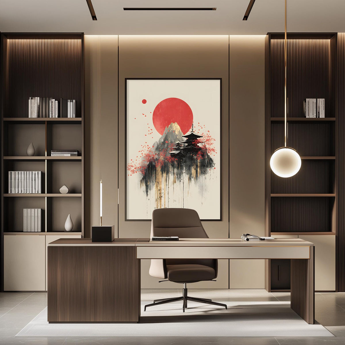 a modern and minimalist office space with a large abstract painting of a mountain and a temple in the background, a wooden desk with a chair, and built-in bookshelves.
