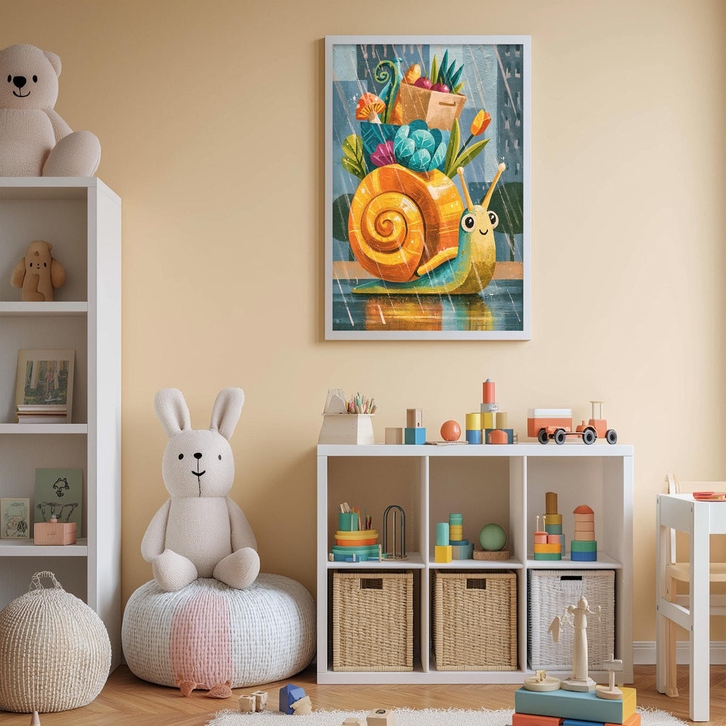 A child's bedroom with a large painting of a snail on the wall, a stuffed rabbit, a toy train, and a toy car. The room has a beige color scheme and appears to be well-organized with storage bins and toys.