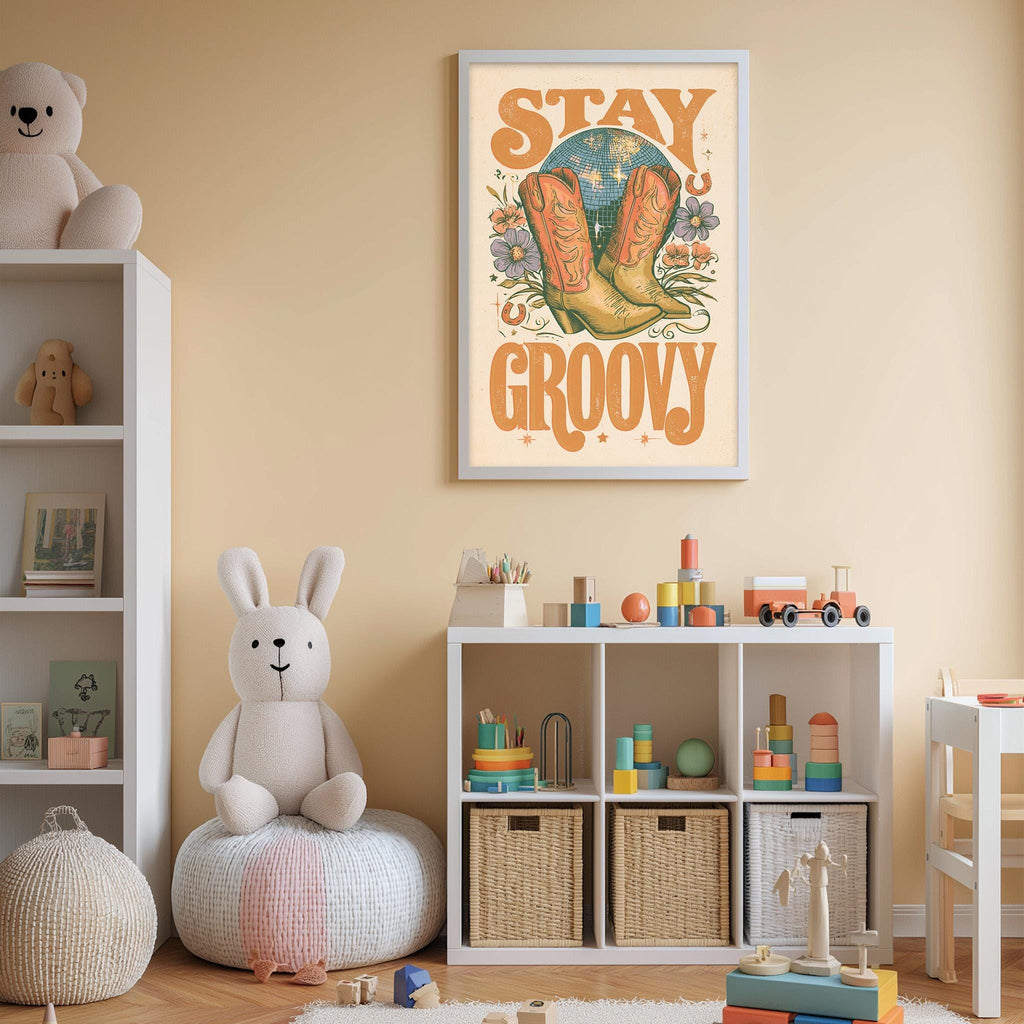 A child's bedroom with a white bookshelf, a stuffed rabbit, and a framed poster with the text "STAY GROOVY" on the wall.