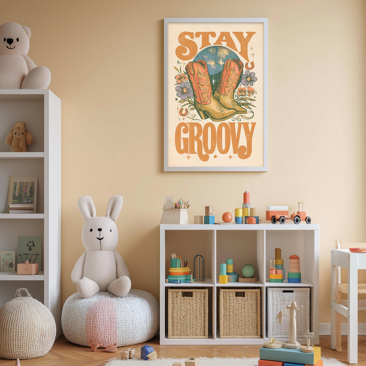 A child's bedroom with a white bookshelf, a stuffed rabbit, and a framed poster with the text "STAY GROOVY" on the wall.