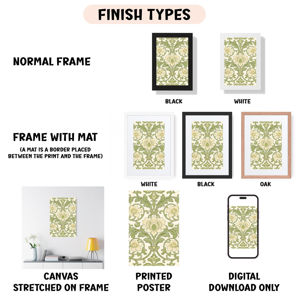 various finish types for framed artwork, including a normal frame, a frame with a mat, a white frame, a black frame, an oak frame, a white canvas stretched on a frame, a printed poster, and a digital download only.