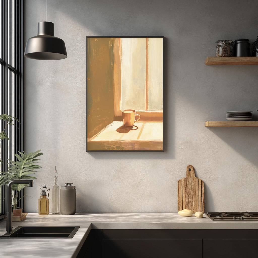 a kitchen scene with a framed painting of a cup on a windowsill, a wooden cutting board, and various kitchen items such as a sink, a bottle, and a vase.