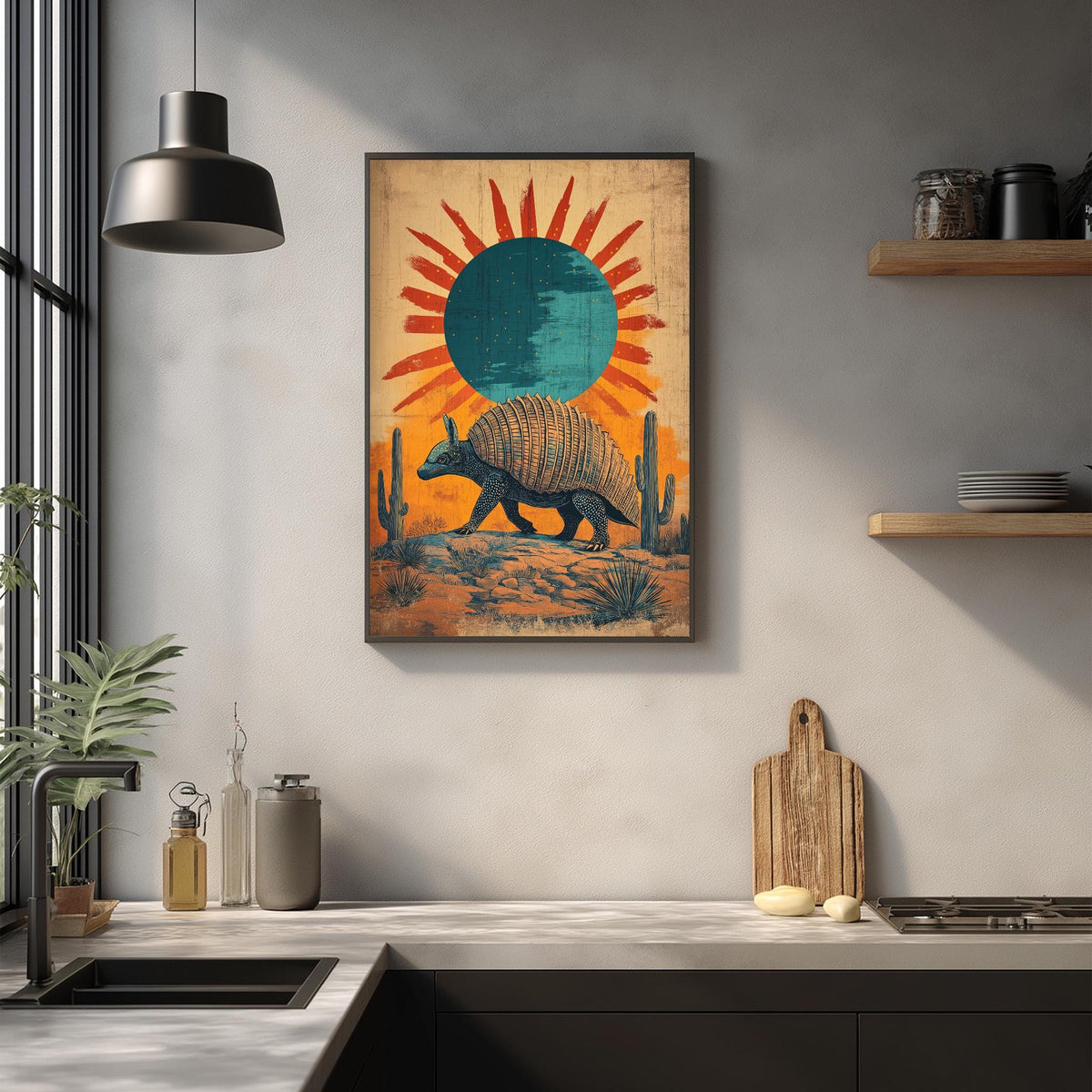 a framed artwork depicting an armadillo in a desert landscape, with a sun-like design in the background.