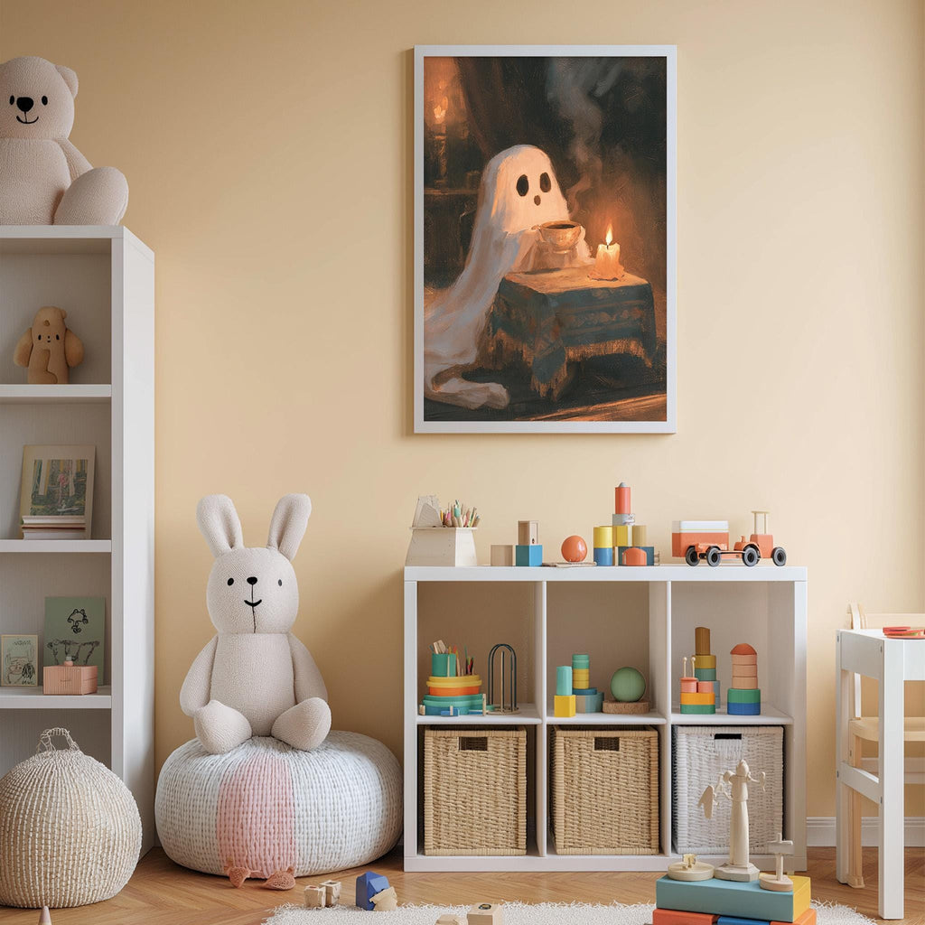 A cozy children's room with a white bookshelf, a plush bunny, a toy train, and a framed picture of a ghost.
