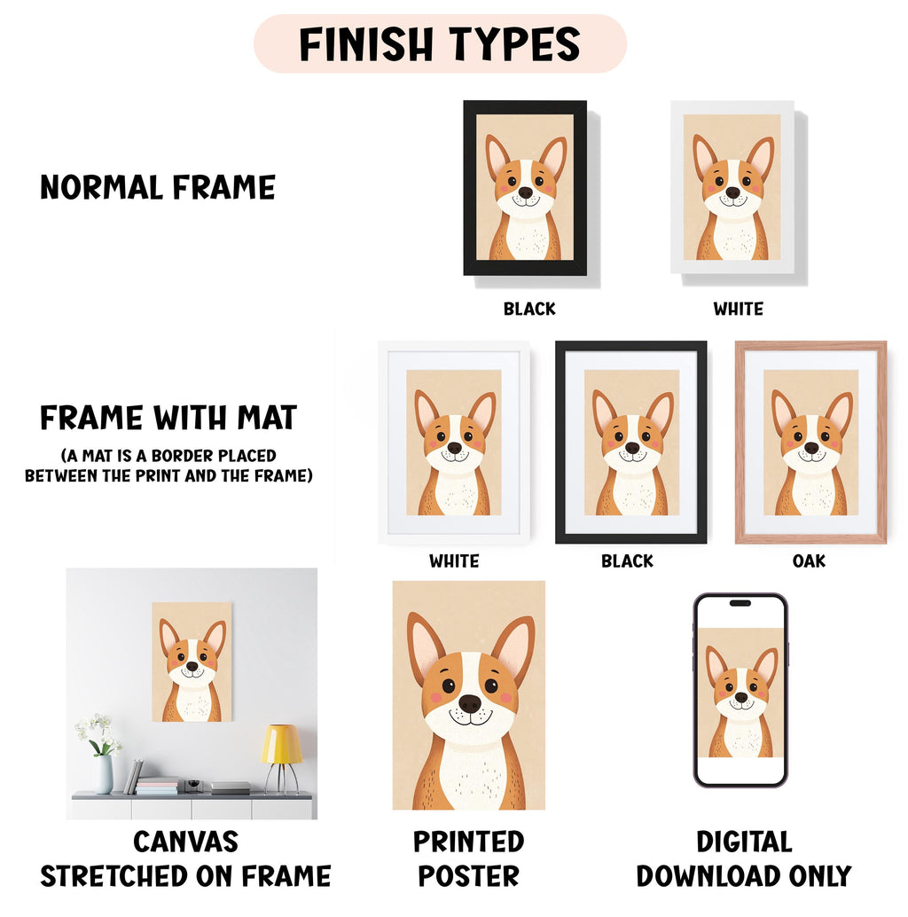 various finish types for a canvas print of a dog's face, including a normal frame, a frame with a mat, a white frame, a black frame, an oak frame, a printed poster, and a digital download only.