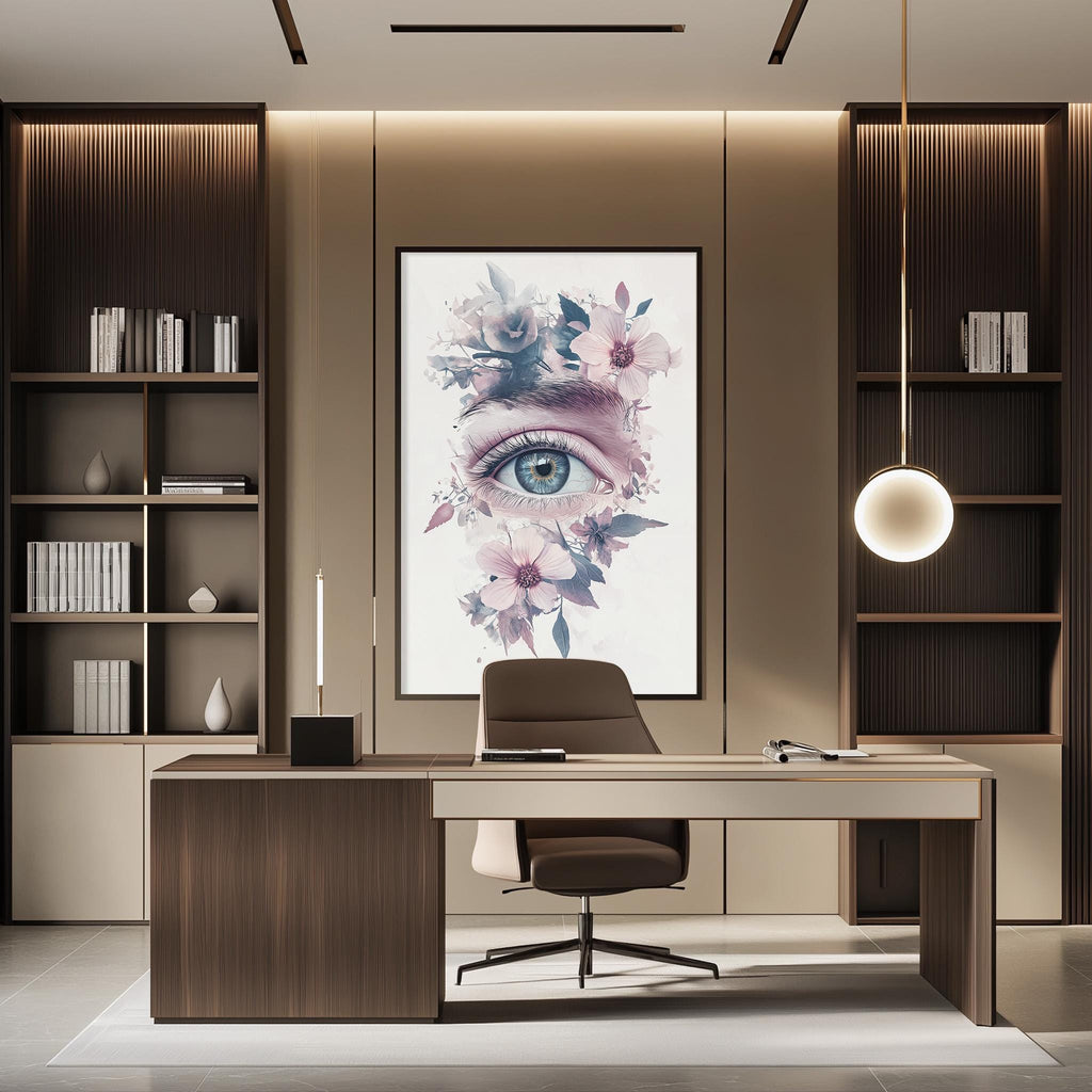 a modern and stylish office space with a large framed artwork of a floral eye on the wall, a wooden desk with a chair, and built-in bookshelves.