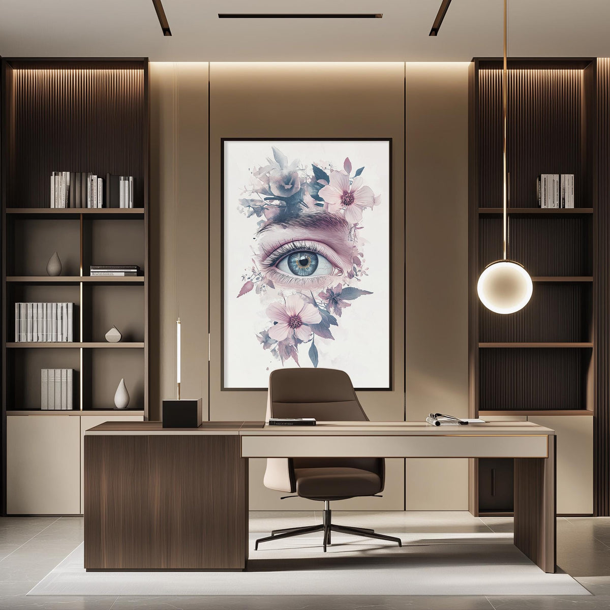 a modern and stylish office space with a large framed artwork of a floral eye on the wall, a wooden desk with a chair, and built-in bookshelves.