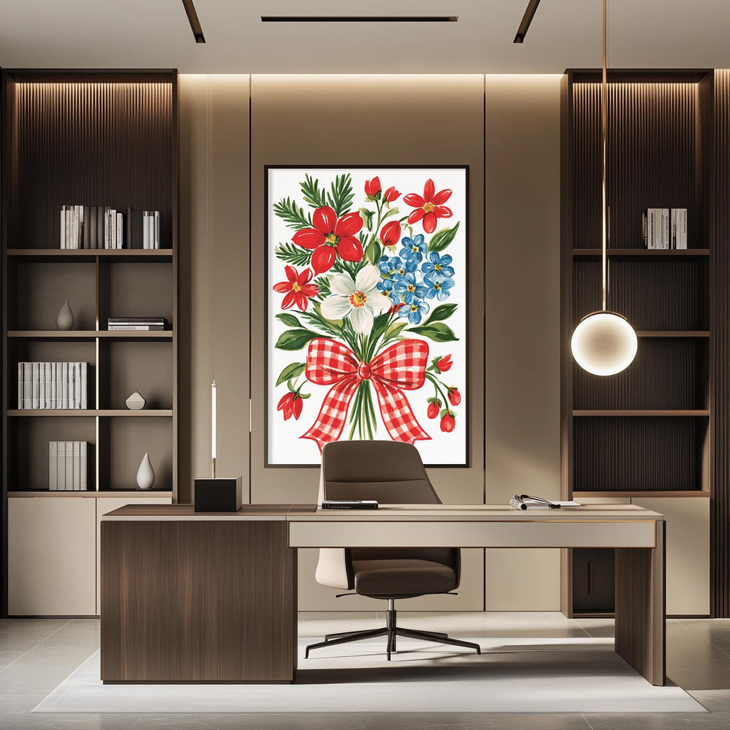 a modern office space with a large floral painting hanging on the wall behind a desk. The desk has a chair and a lamp, creating a professional and comfortable work environment.