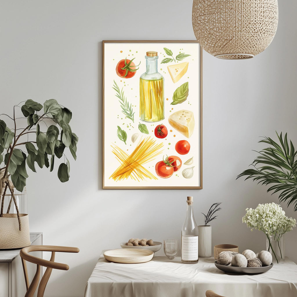 a dining table with a white tablecloth, surrounded by chairs. On the table, there are various food items and decorative elements, including a framed illustration of food items such as tomatoes, cheese, and pasta.