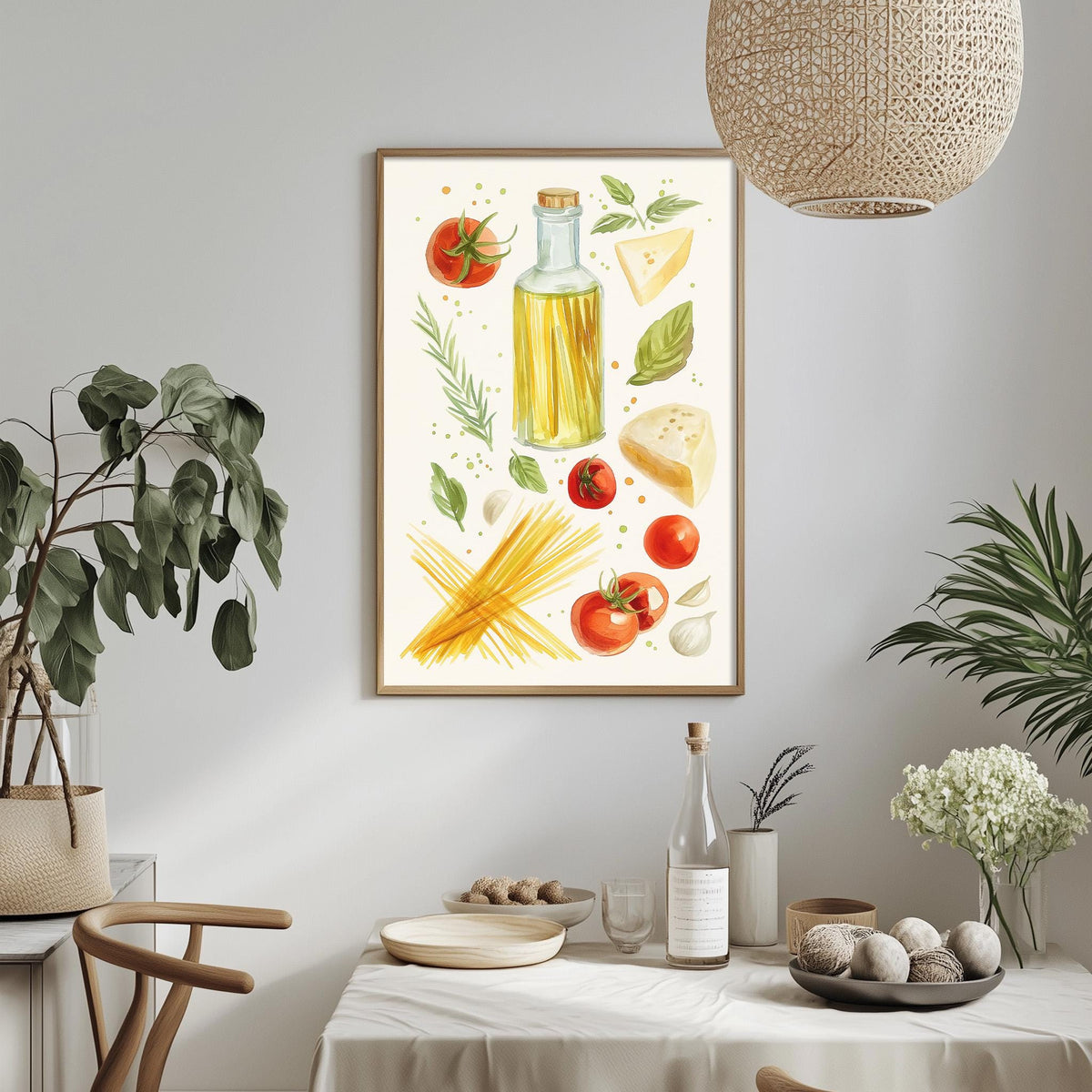 a dining table with a white tablecloth, surrounded by chairs. On the table, there are various food items and decorative elements, including a framed illustration of food items such as tomatoes, cheese, and pasta.