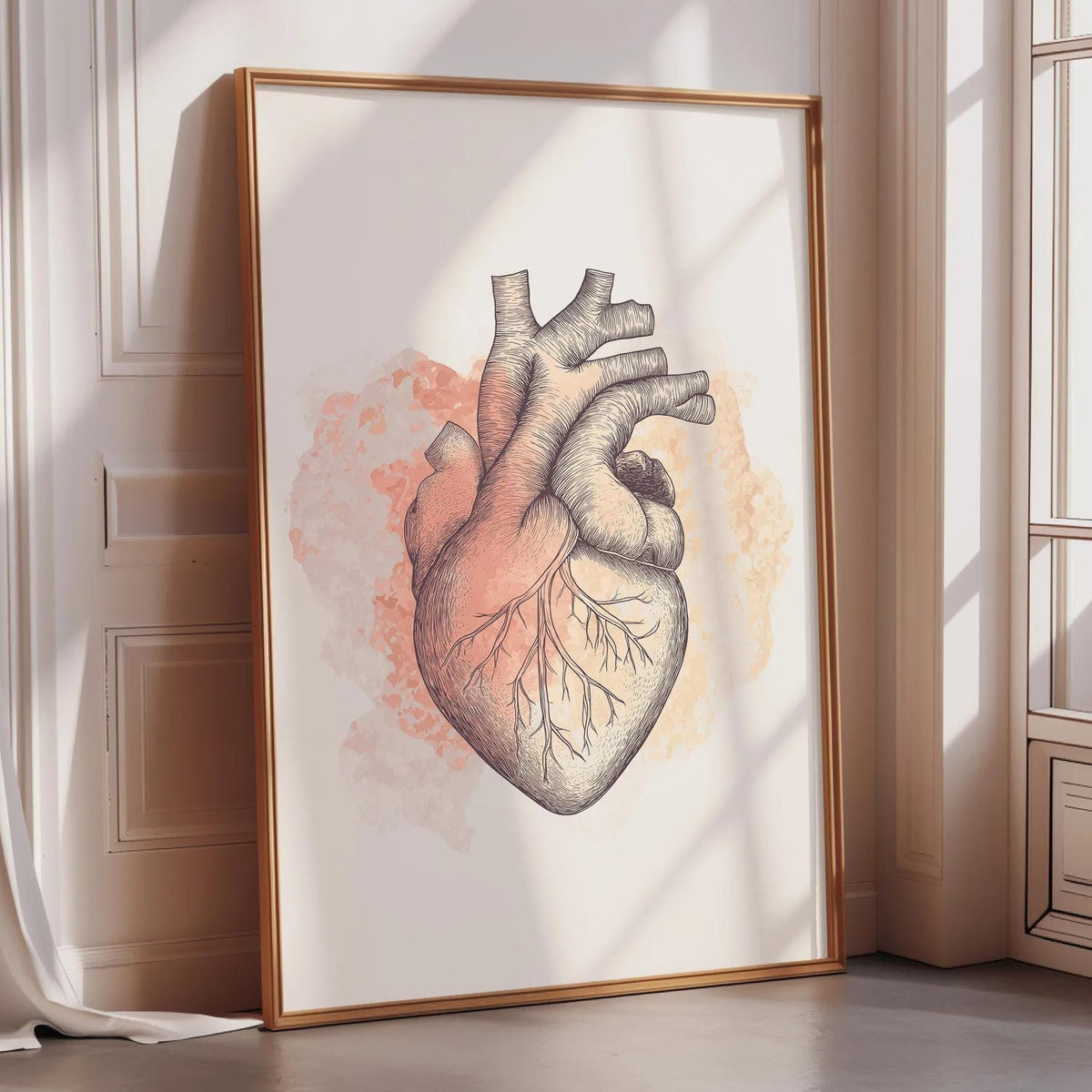 a large, framed illustration of a human heart, which is the central focus of the scene.
