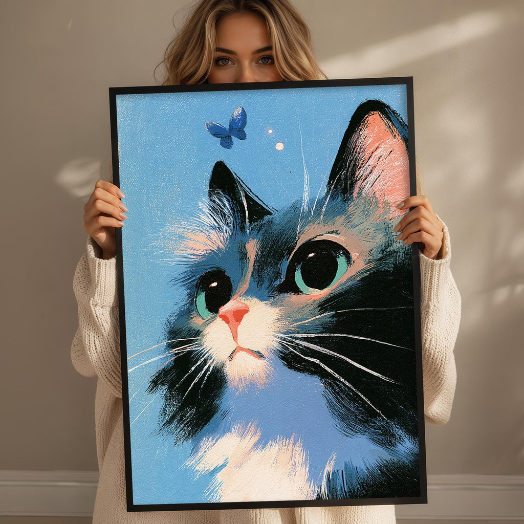 A woman holds up a framed painting of a cat with a blue background and a butterfly in the top right corner.