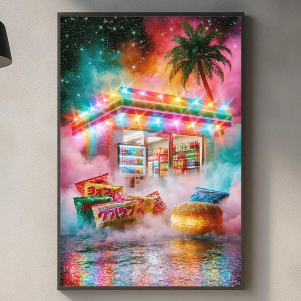 a vibrant, colorful painting of a tropical beach scene with palm trees, a hot air balloon, and a building with a neon sign. The painting is hung on a wall above a kitchen counter with various kitchen items such as a cutting board, a bottle, and a vase.
