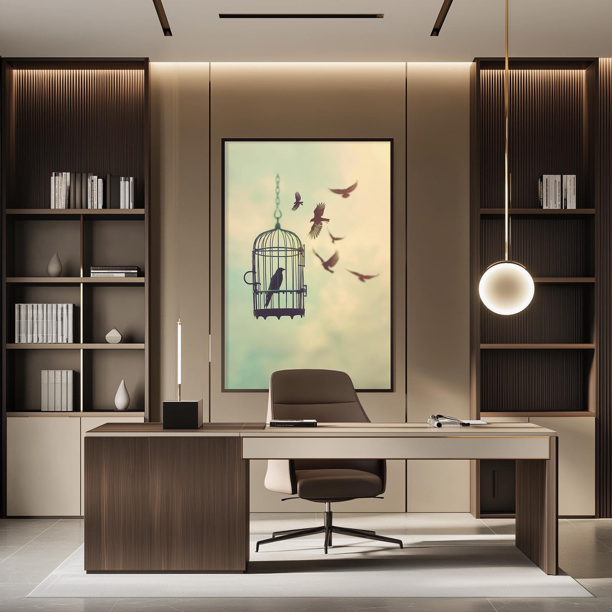 a modern office space with a large framed artwork of birds in a cage hanging on the wall. The office features a wooden desk, a comfortable chair, and a bookshelf filled with books. The overall design and decor create a serene and creative atmosphere.