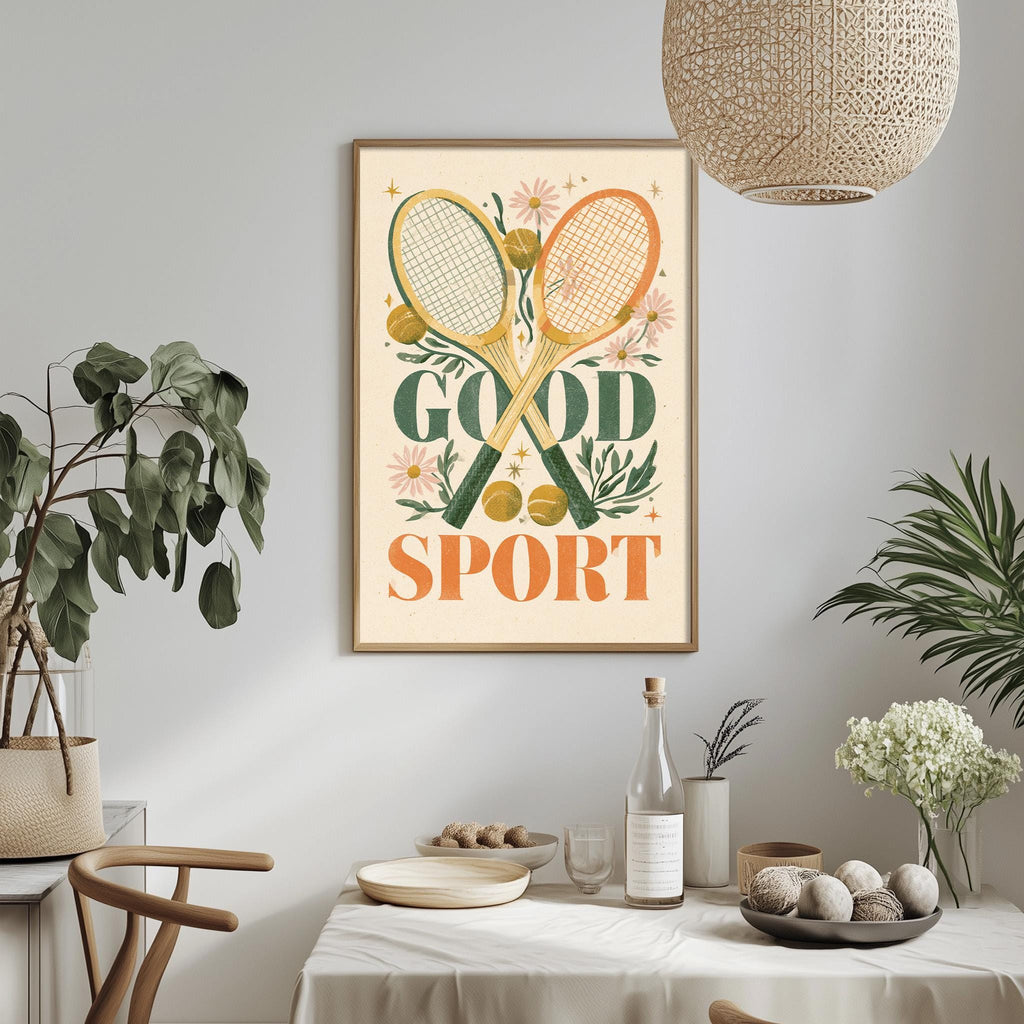 a framed poster with the text "GOOD SPORT" hanging on a wall above a dining table with various items on it, including a bottle, a bowl, and a vase.