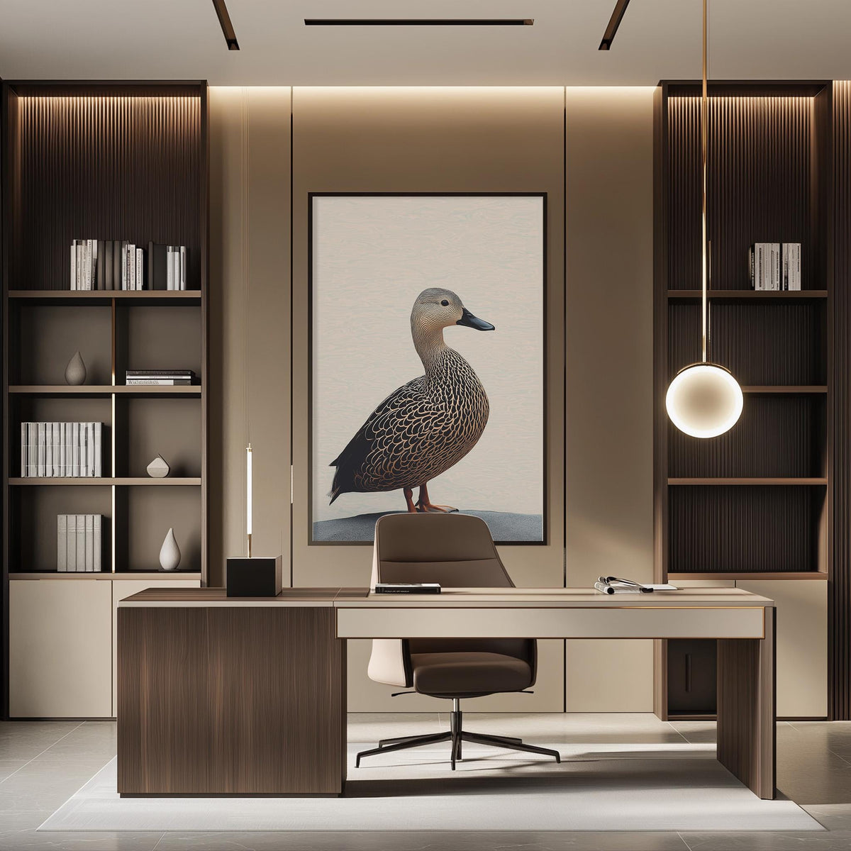 a modern office space with a large framed picture of a duck on the wall, a wooden desk with a chair, and built-in bookshelves.