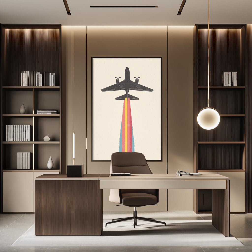 a modern and stylish office space with a large framed artwork of a plane taking off on the wall. The office features a wooden desk, a comfortable-looking chair, and a bookshelf filled with books. The overall design and decor create a professional and visually appealing atmosphere.